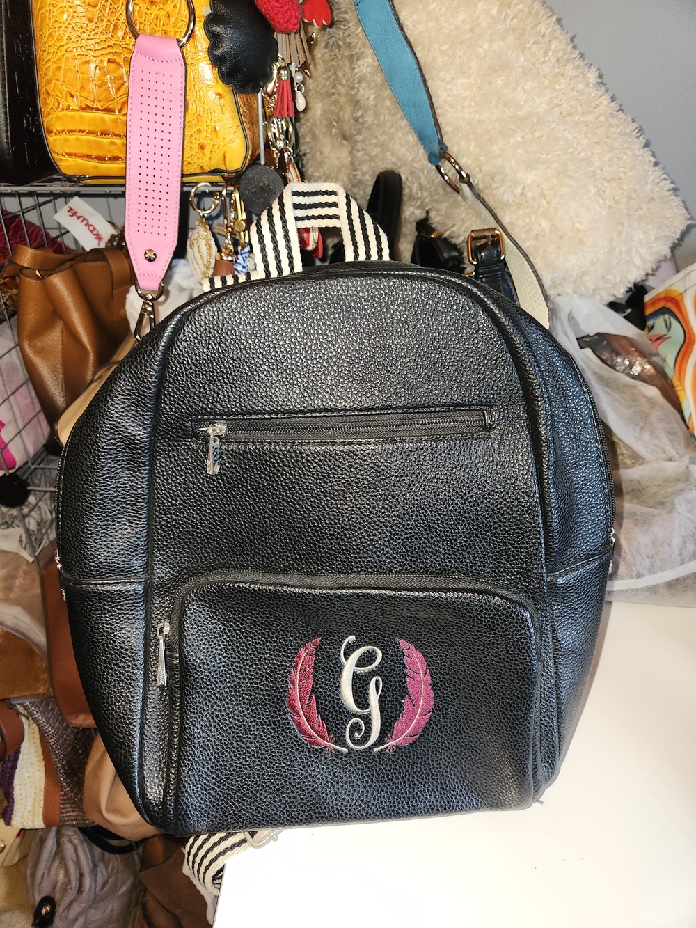 thirty-one Black Faux Leather Backpack with Burgandy Embroidered Accent